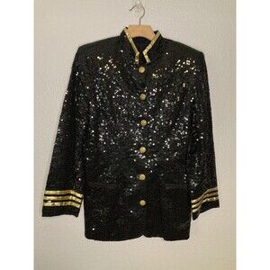 Sandy Starkman Black Sequin Blazer Jacket M Gold Stripe Nautical Cruise Vintage